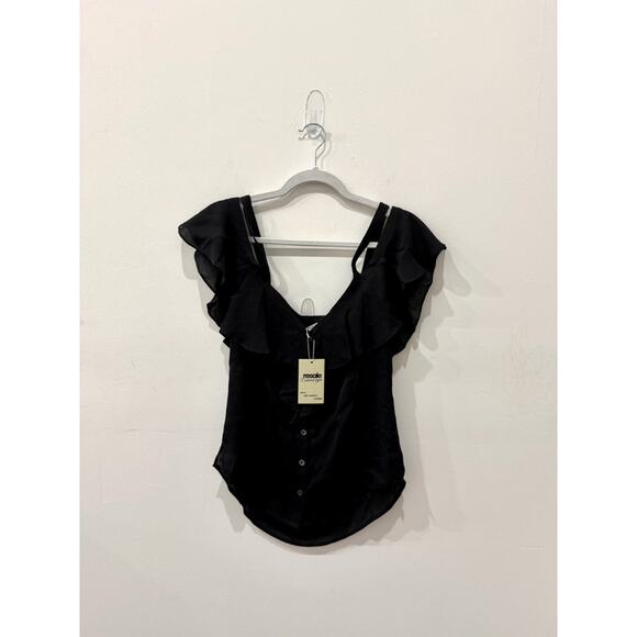 Veronica Beard Cold Shoulder Ruffle Trim V-Neck Blouse Top Black Women's Size 4 - Picture 2 of 5